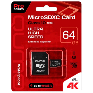 Карта памяти 64Gb MicroSDXC QUMO QM64GMICSDXC10U3 Class10, SD adapter  купить в Инфотех