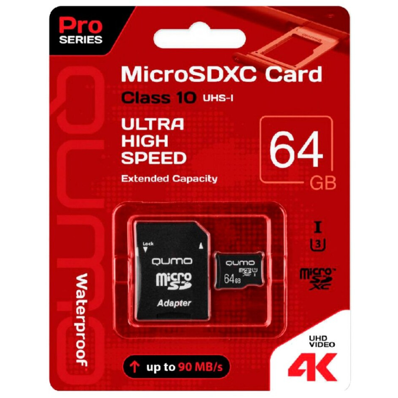 Карта памяти 64Gb MicroSDXC QUMO QM64GMICSDXC10U3 Class10, SD adapter  купить в Инфотех